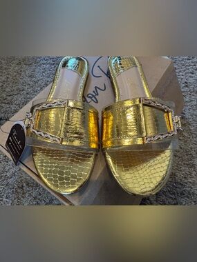 Gold Metallic Slide Sandals with Buckle Detail